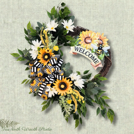 Sunflower Door Wreath – Farmhouse Bee Welcome Decor