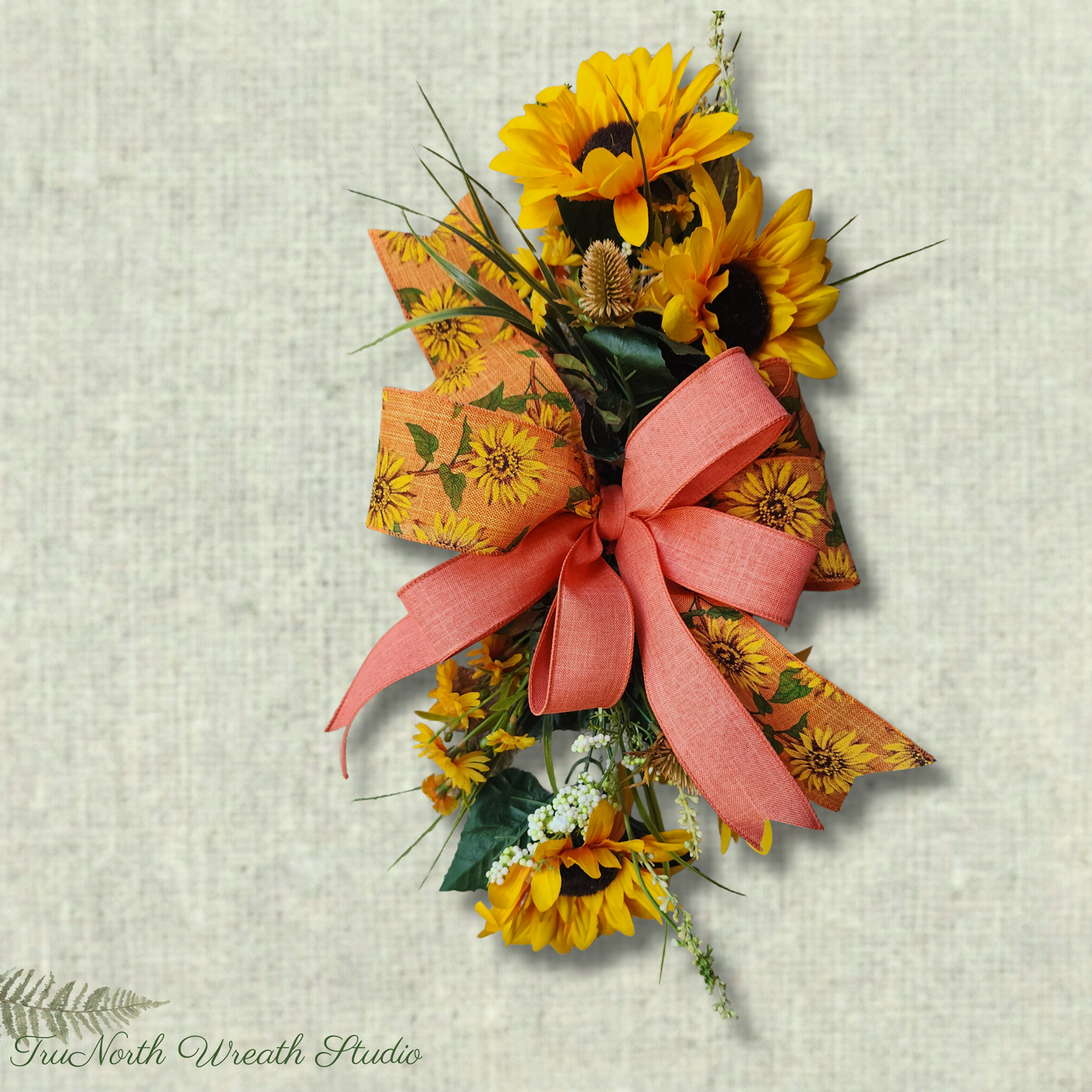 Orange Sunflower Ribbon Add On Bow, Farmhouse Door Decor Accent, Spring Summer Enhancer Bow