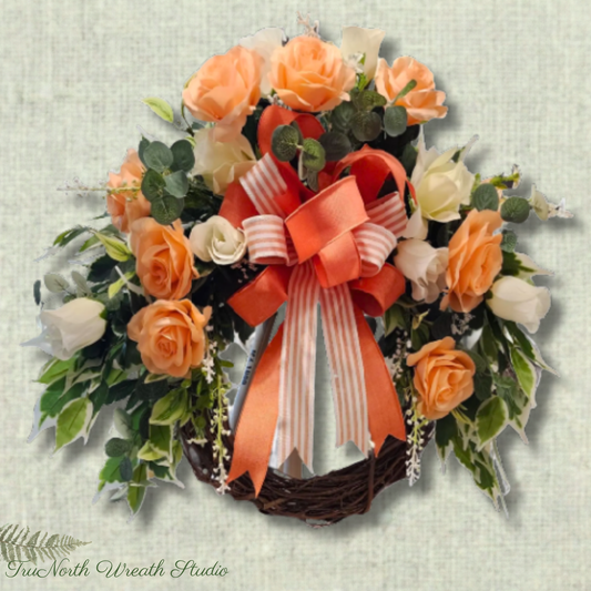 Peach Rose Floral Wreath,  Spring Front Door Decor, Farmhouse Gift