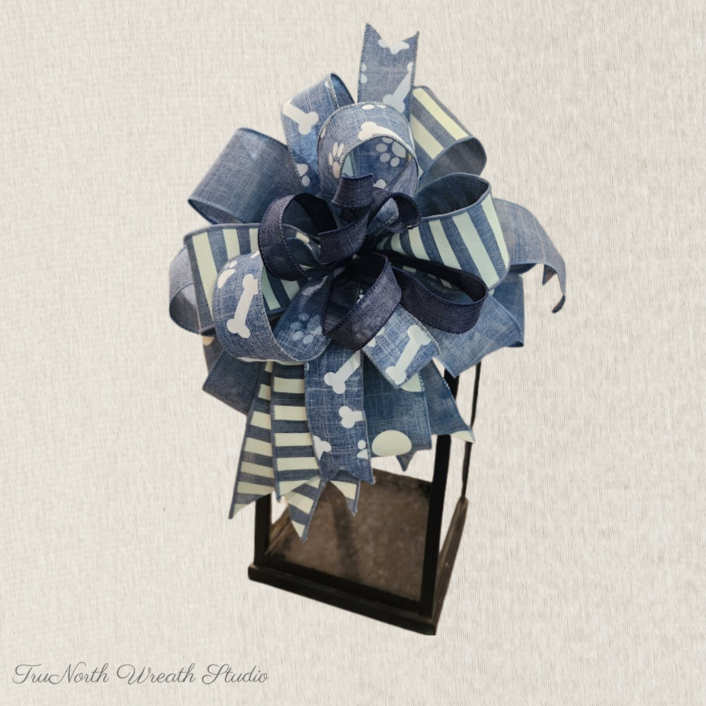 Blue Multi Ribbon Everyday Bow, Farmhouse Lantern Topper Wreath Accent, Gift Bow