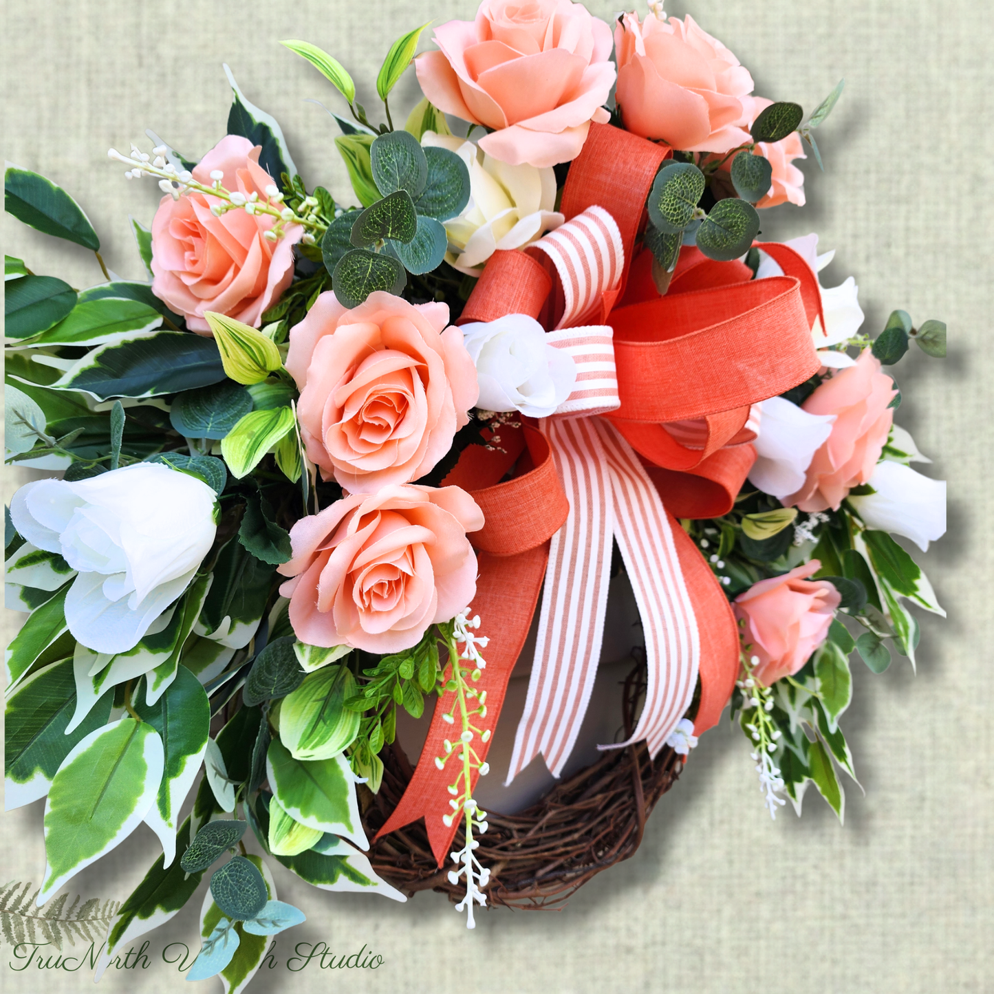 Peach Rose Floral Wreath,  Spring Front Door Decor, Farmhouse Gift