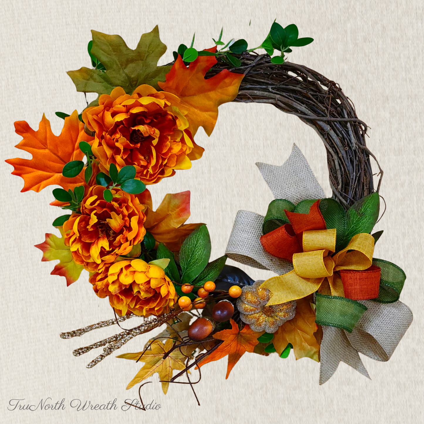 Fall Grapevine Wreath Orange Peonies Maple Leaves Bow Thanksgiving Door Decor