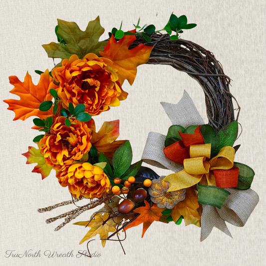 Fall Grapevine Wreath Orange Peonies Maple Leaves Bow Thanksgiving Door Decor