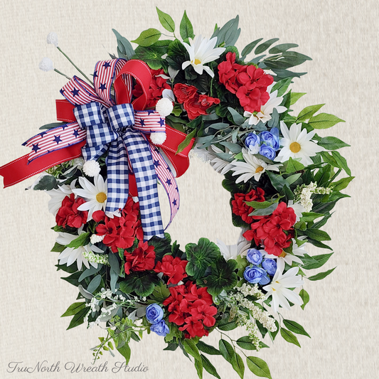 Patriotic Grapevine Wreath – Red White Blue Florals, Memorial Day July 4th Decor