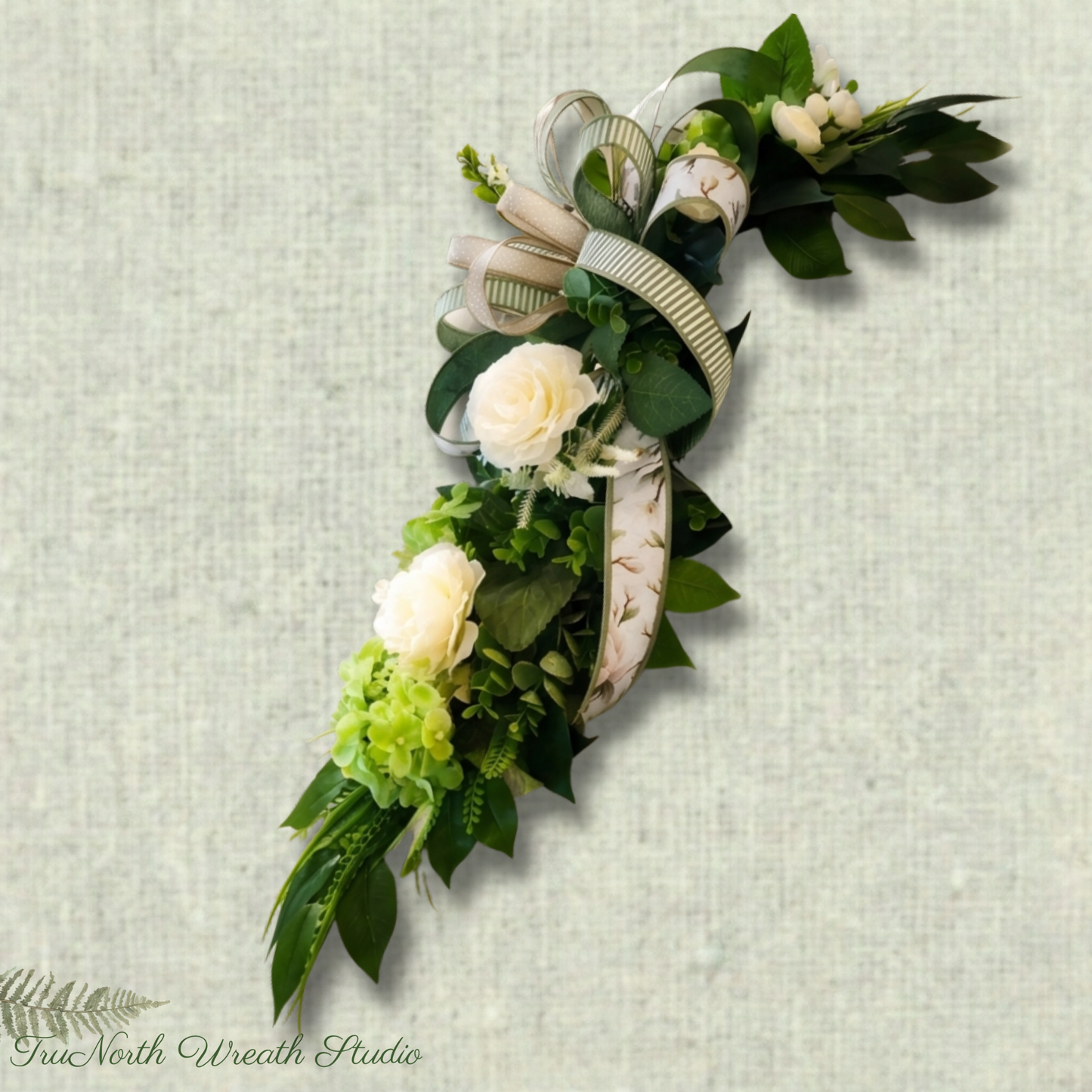Neutral Greenery Lantern Swag, Cream Floral Sage Ribbon Accent, Farmhouse Door Decor