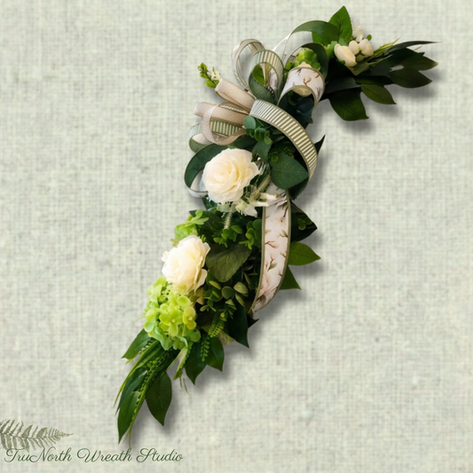 Neutral Greenery Lantern Swag, Cream Floral Sage Ribbon Accent, Farmhouse Door Decor