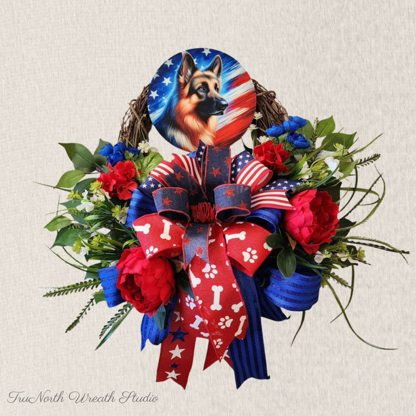 Patriotic German Shepherd Wreath, Red White Blue Dog Lover Door Decor, America 250th Anniversary
