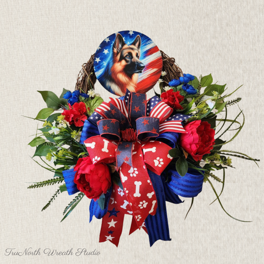 Patriotic German Shepherd Wreath, Red White Blue Dog Lover Door Decor, America 250th Anniversary