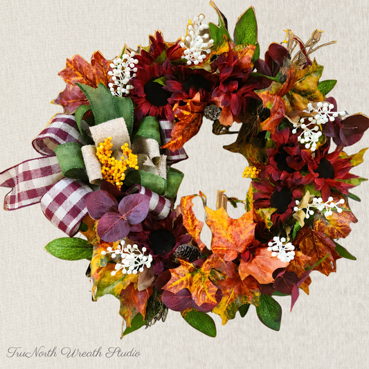 Burgundy Sunflower Maple Leaf Wreath, Rustic Farmhouse Fall Door Decor