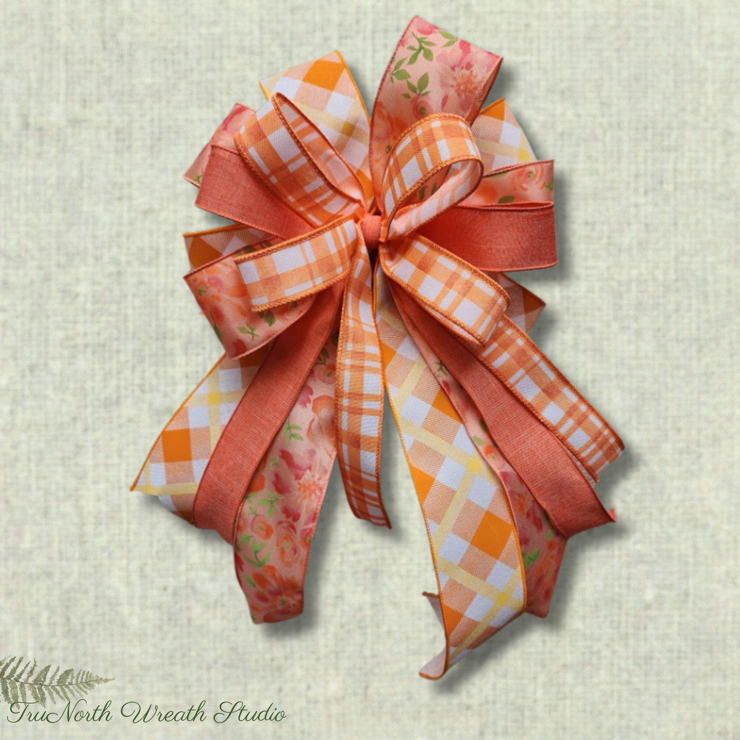 Coral Orange Plaid Floral Bow, Farmhouse Lantern Swag Accent, Spring Summer Decor