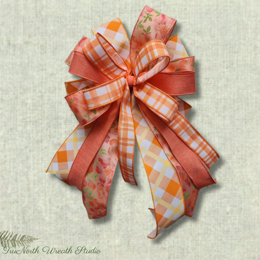 Coral Orange Plaid Floral Bow, Farmhouse Lantern Swag Accent, Spring Summer Decor