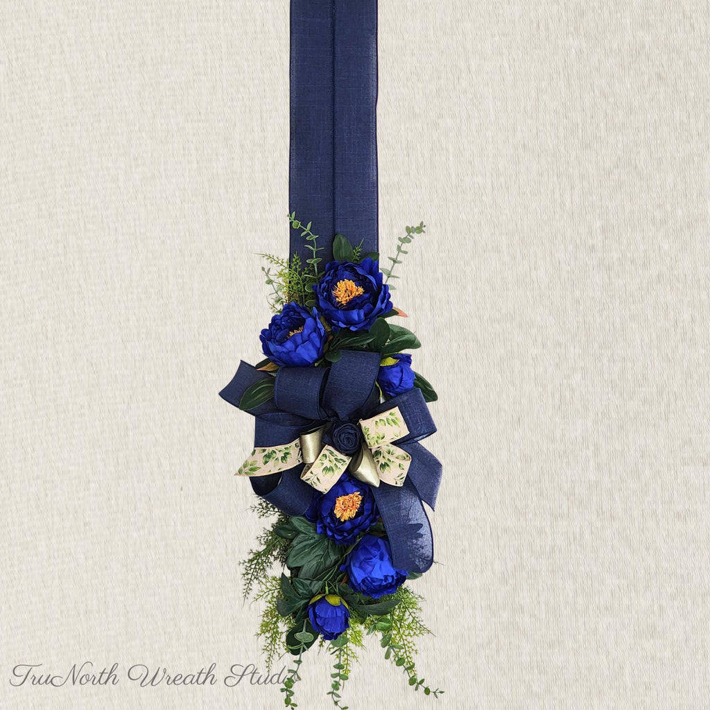 Navy Blue Floral Swag, Moody Entryway Door Decor, Midnight Bloom Edition