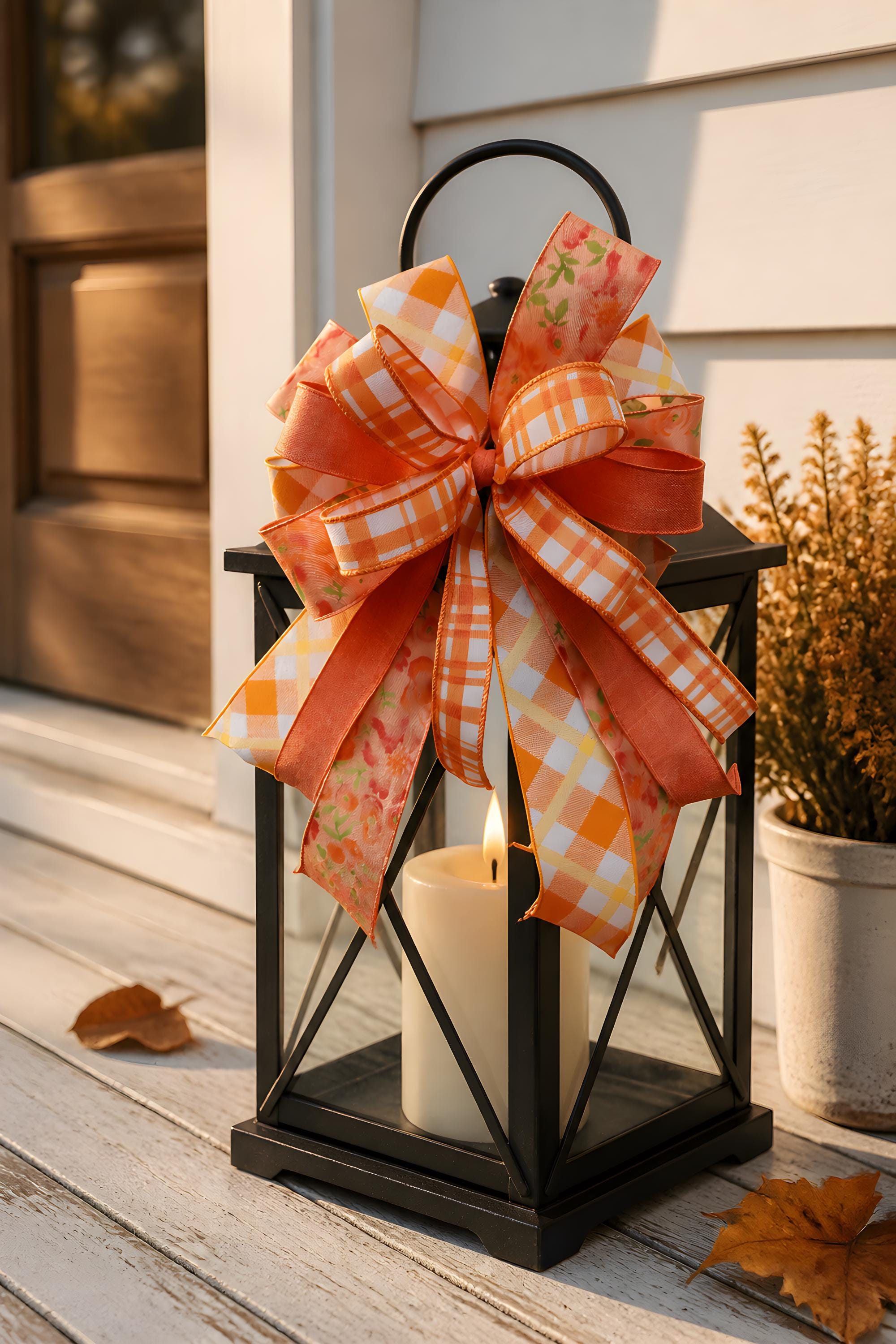 Coral Orange Plaid Floral Bow, Farmhouse Lantern Swag Accent, Spring Summer Decor