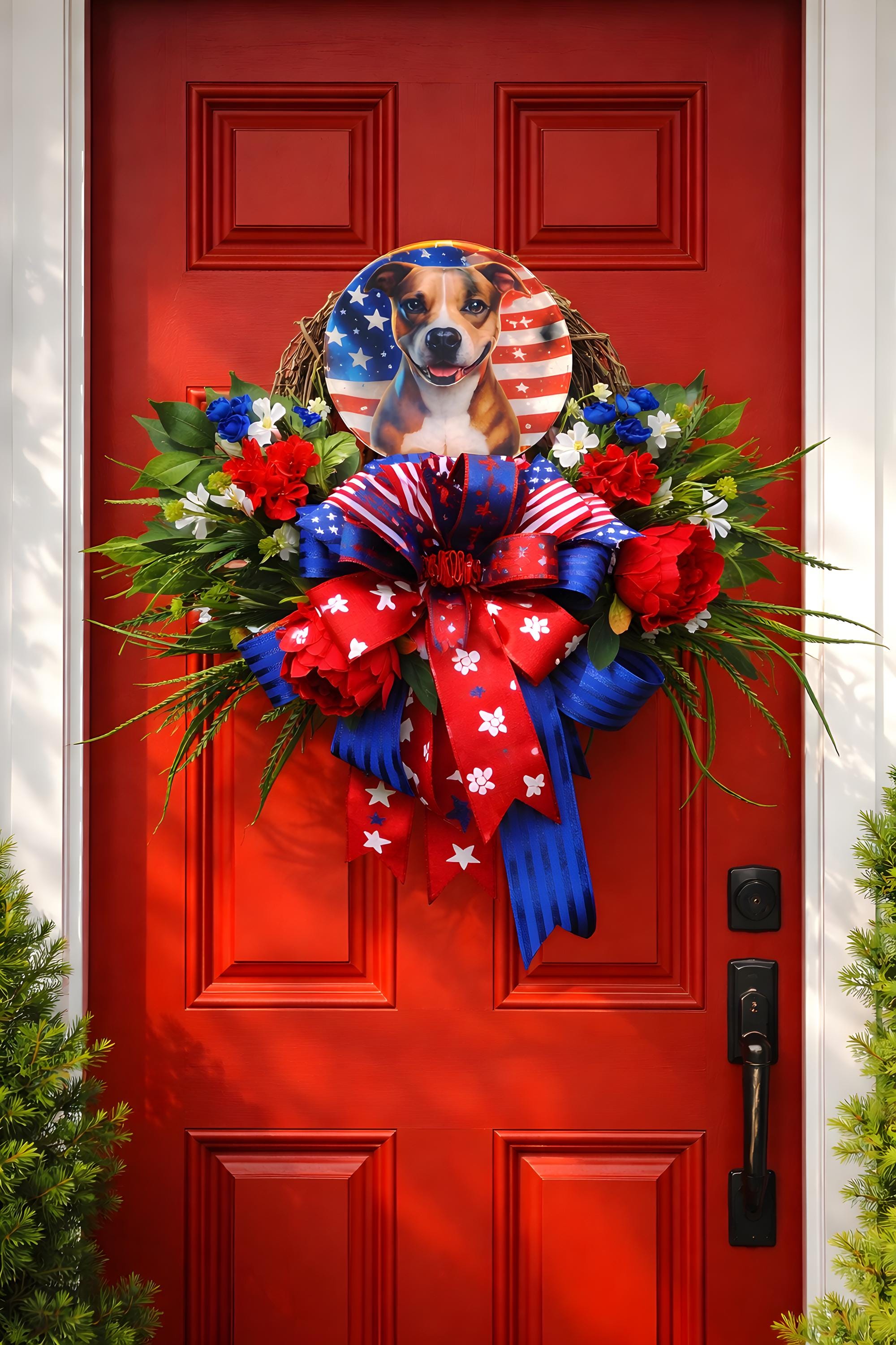 Patriotic Pittie Wreath American Flag Pit Bull Swag with FREE Matching Mailbox Bow