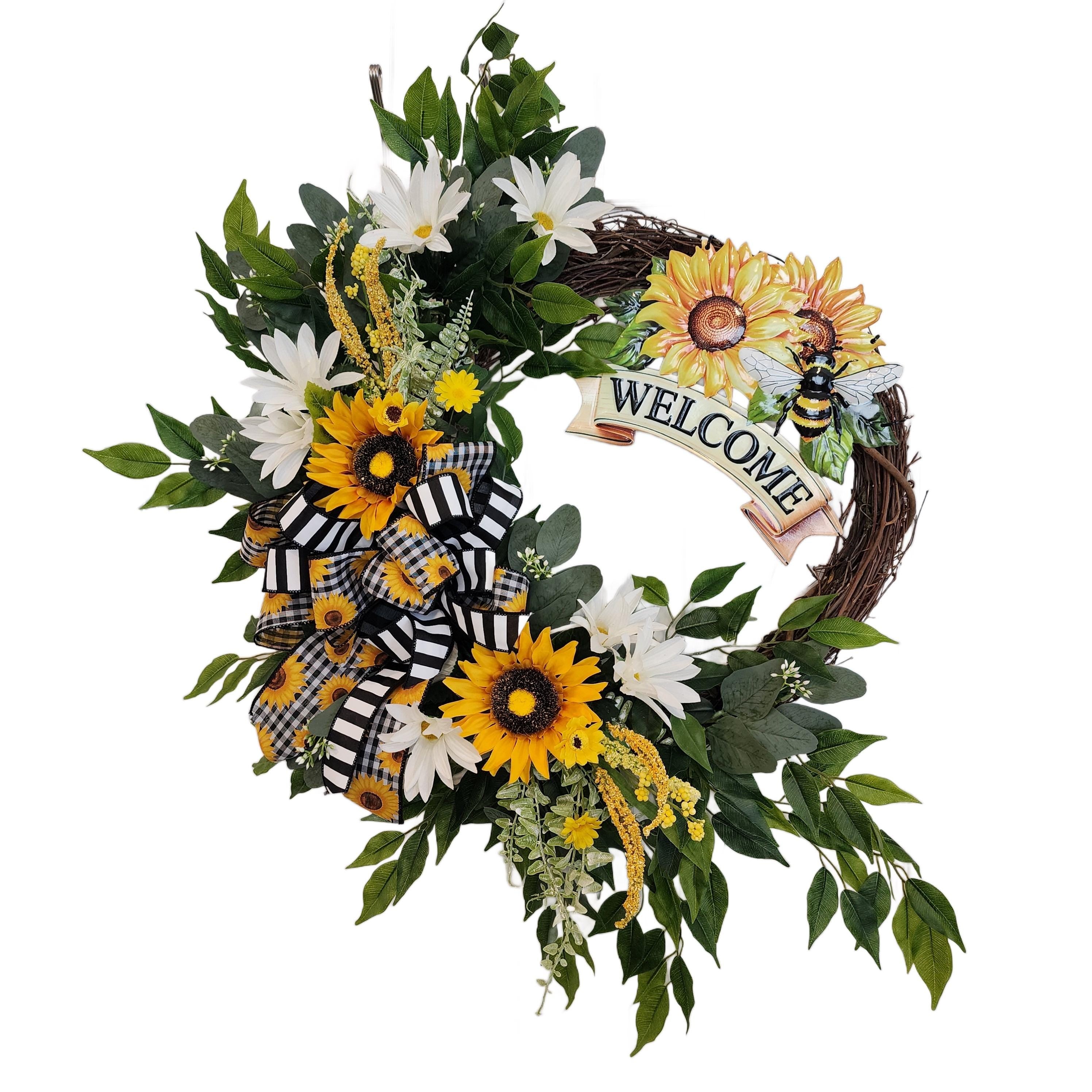 Sunflower Door Wreath – Farmhouse Bee Welcome Decor