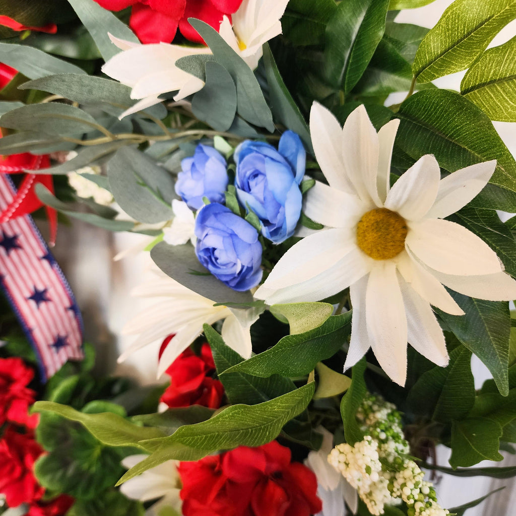 Patriotic Grapevine Wreath – Red White Blue Florals, Memorial Day July 4th Decor