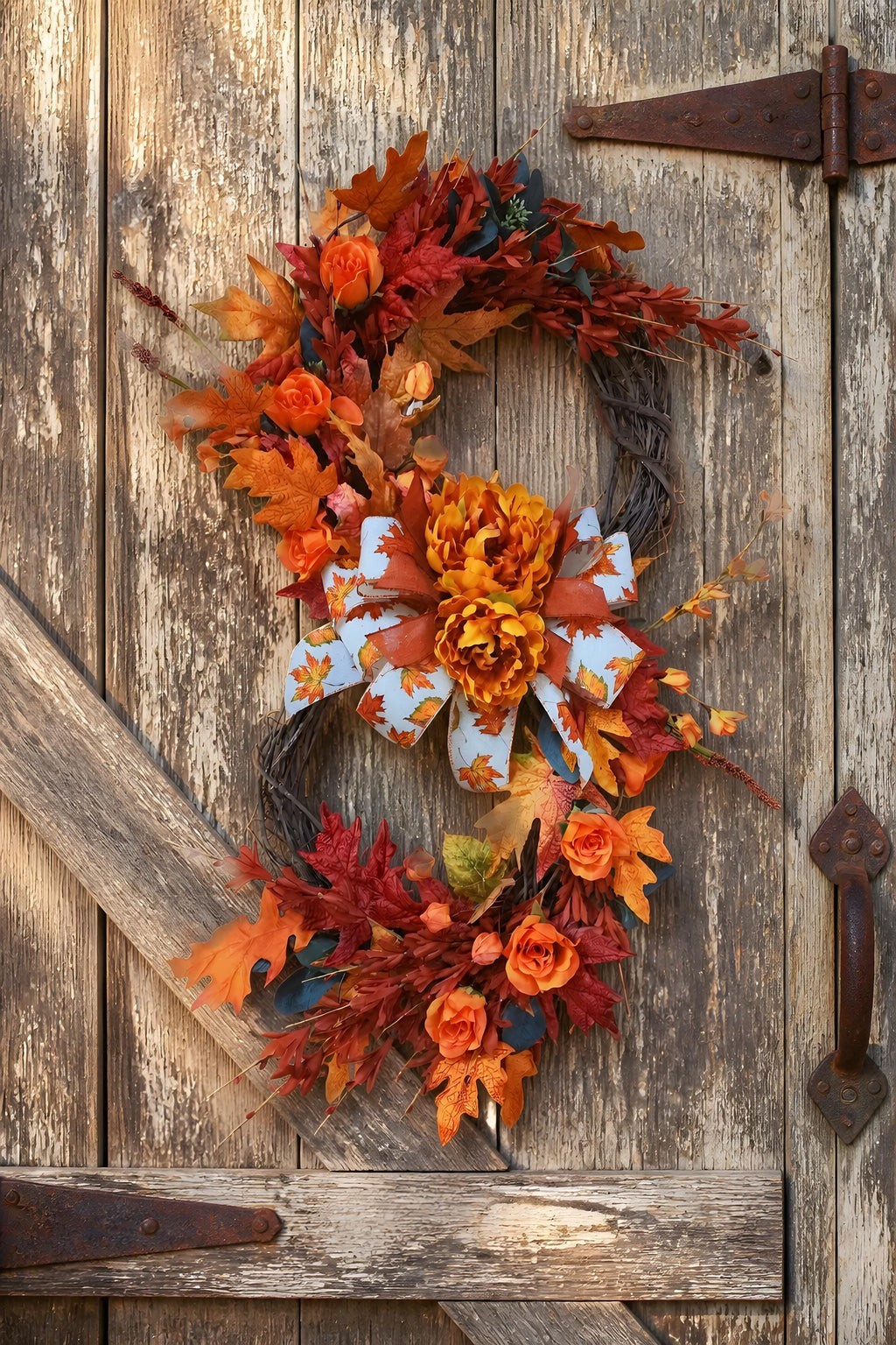 Handmade Fall Wreath Orange Maple Leaves Velvet Pumpkins Roses