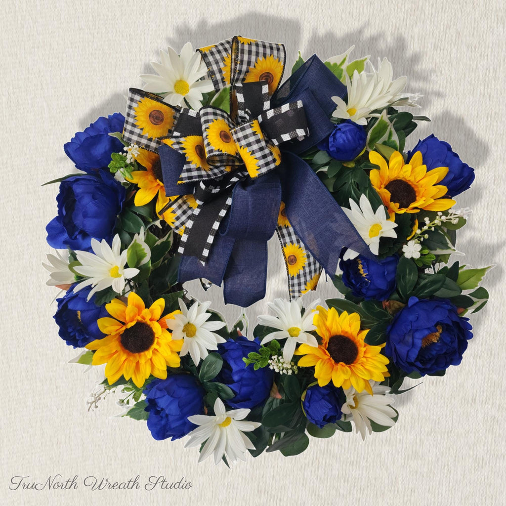 Sunflower Peony Wreath: Blue, Yellow, White Floral Door Decor (23")