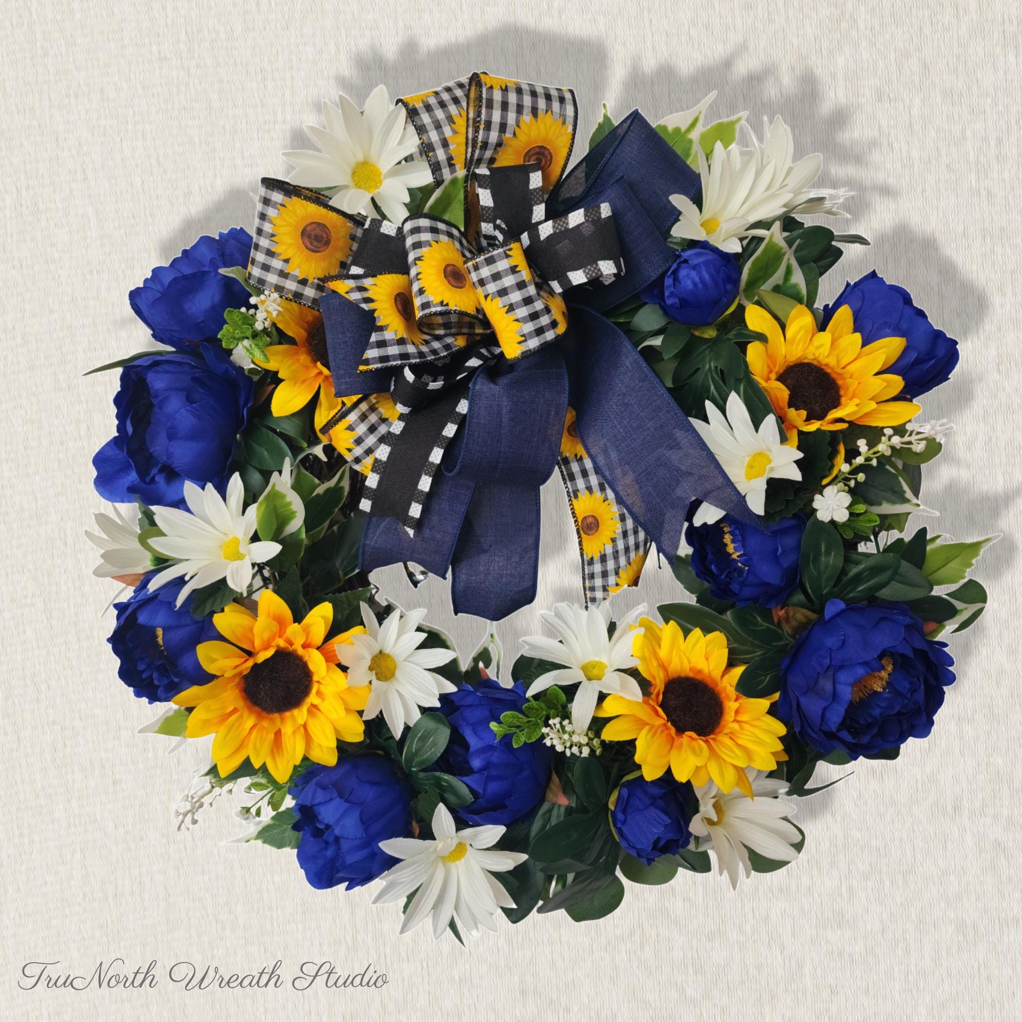 Sunflower Peony Wreath: Blue, Yellow, White Floral Door Decor (23")