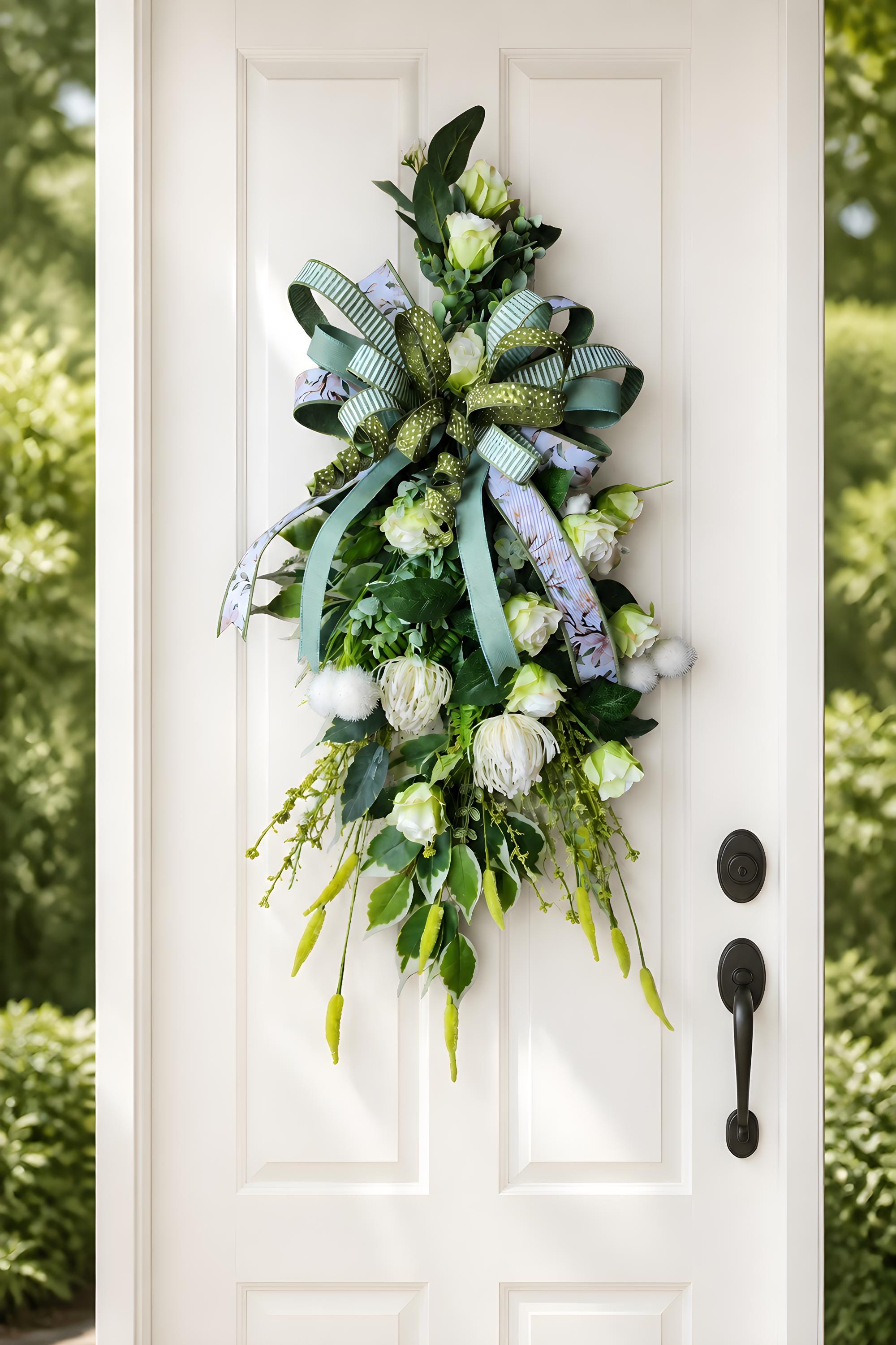 Sage Green and Cream Floral Door Swag, Spring Cottage Garden Entryway Decor