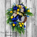 Lemons and Navy Floral Wreath, Summer Citrus Door Decor, Farmhouse Entry Swag