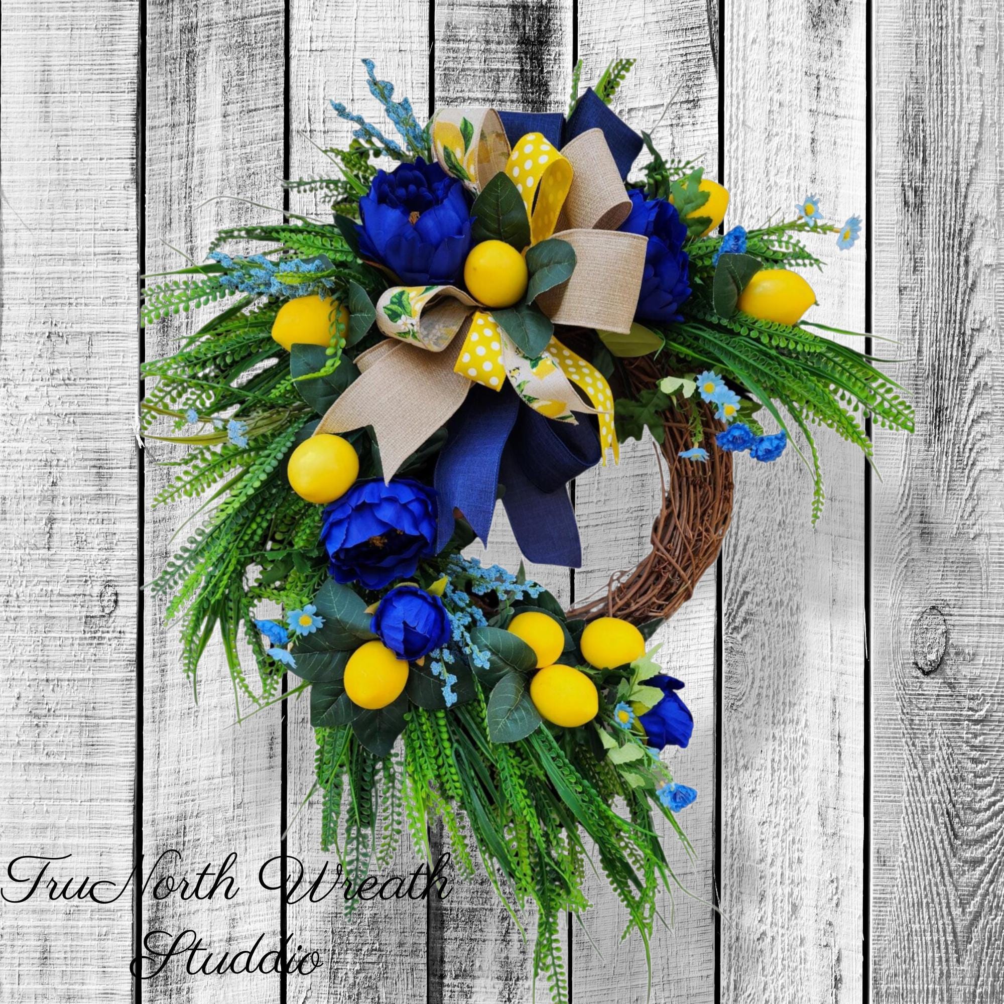 Lemons and Navy Floral Wreath, Summer Citrus Door Decor, Farmhouse Entry Swag