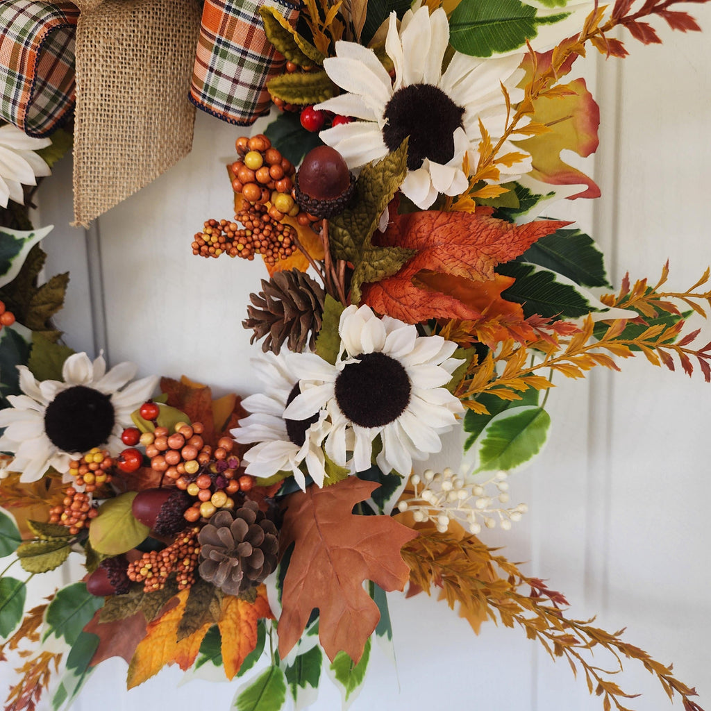 Plaid Bow Farmhouse Fall Grapevine Wreath Orange & Cream Florals Autumn Door Country Wreath
