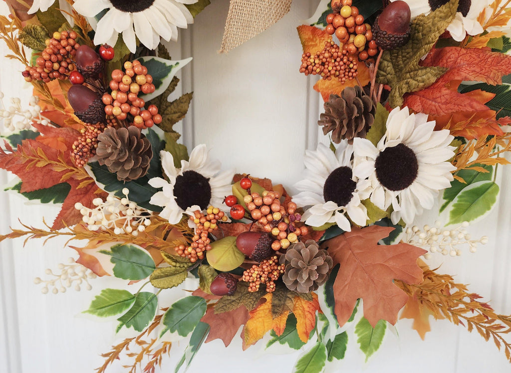 Plaid Bow Farmhouse Fall Grapevine Wreath Orange & Cream Florals Autumn Door Country Wreath
