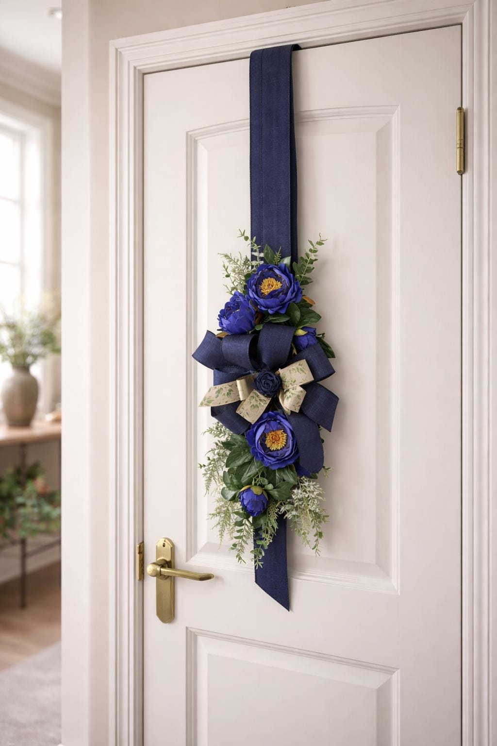 Navy Blue Floral Swag, Moody Entryway Door Decor, Midnight Bloom Edition