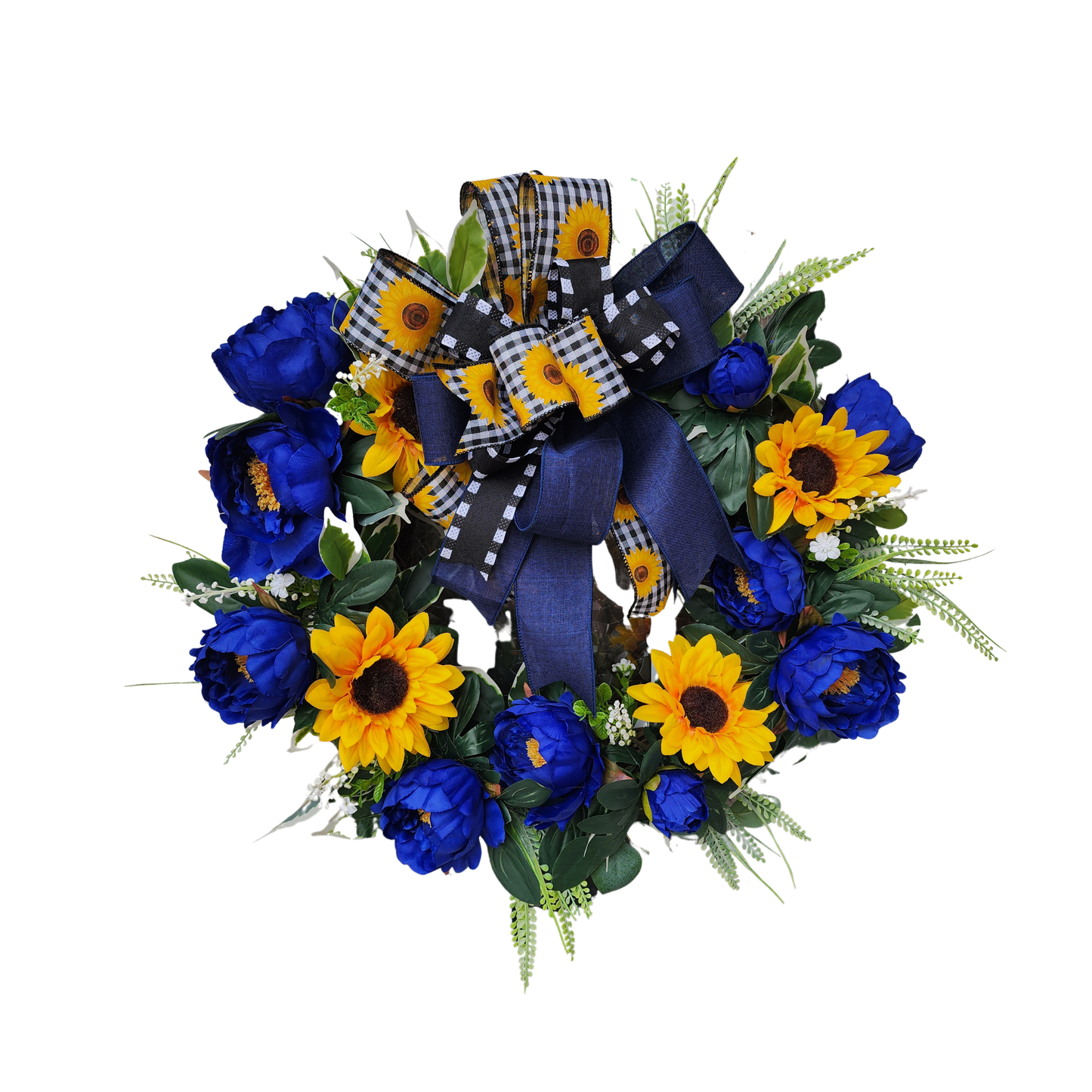 Sunflower Peony Wreath: Blue, Yellow, White Floral Door Decor (23")