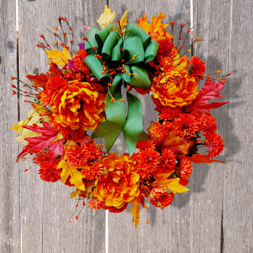 Harvest Wreath, Orange Floral Fall Door Decor, Maple Leaf Autumn Wreath