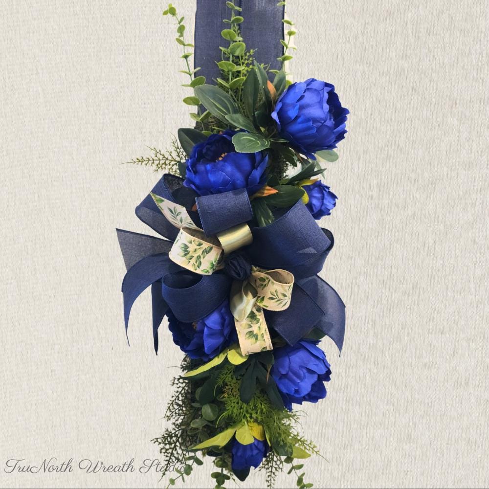 Navy Blue Floral Swag, Moody Entryway Door Decor, Midnight Bloom Edition