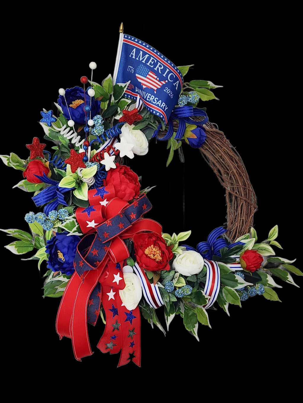 Patriotic Floral Wreath 250th Anniversary with Free Matching Mailbox Bow