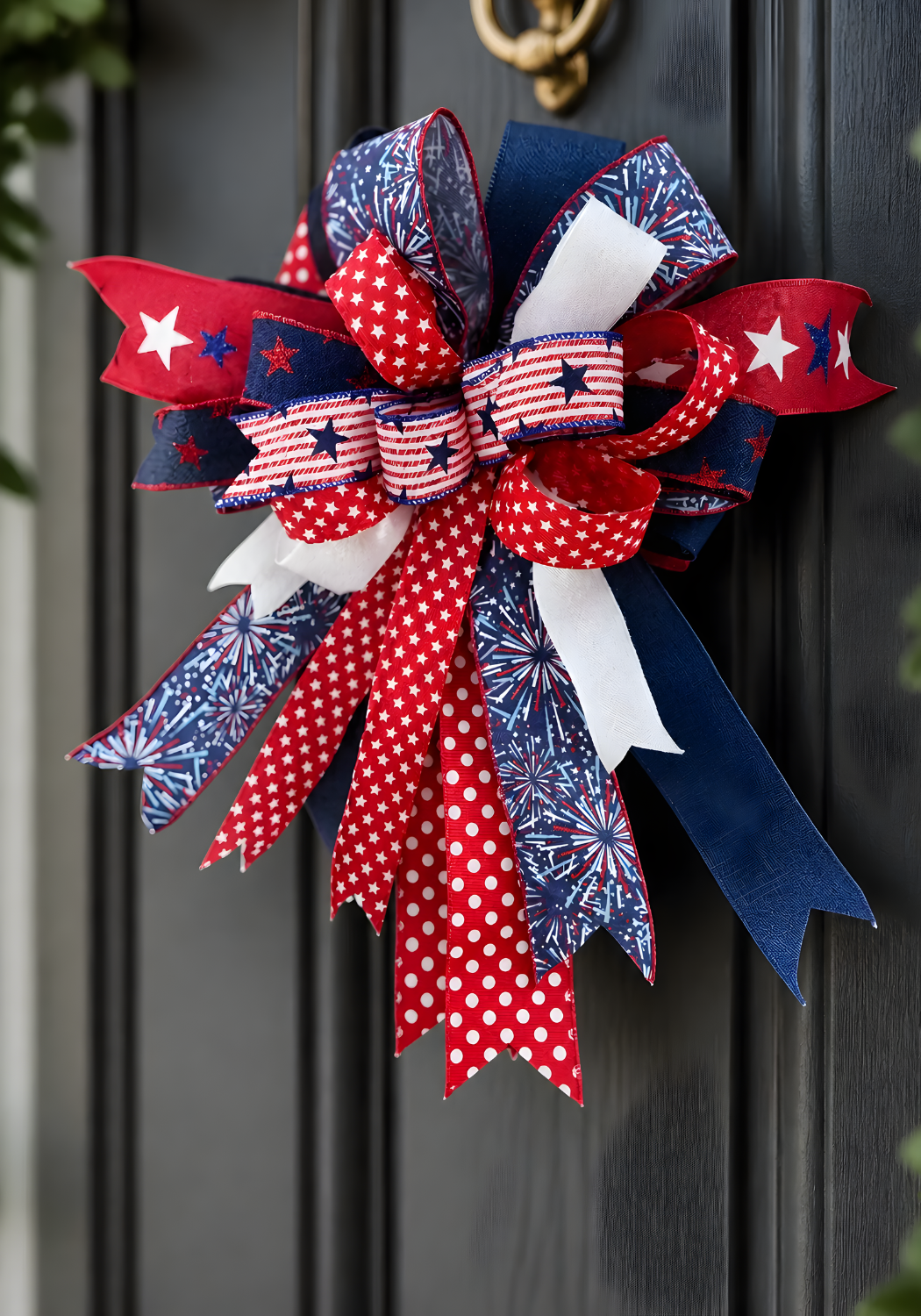 Red White Blue Patriotic Bow, Farmhouse Lantern Swag Accent, 4th of July Door Decor