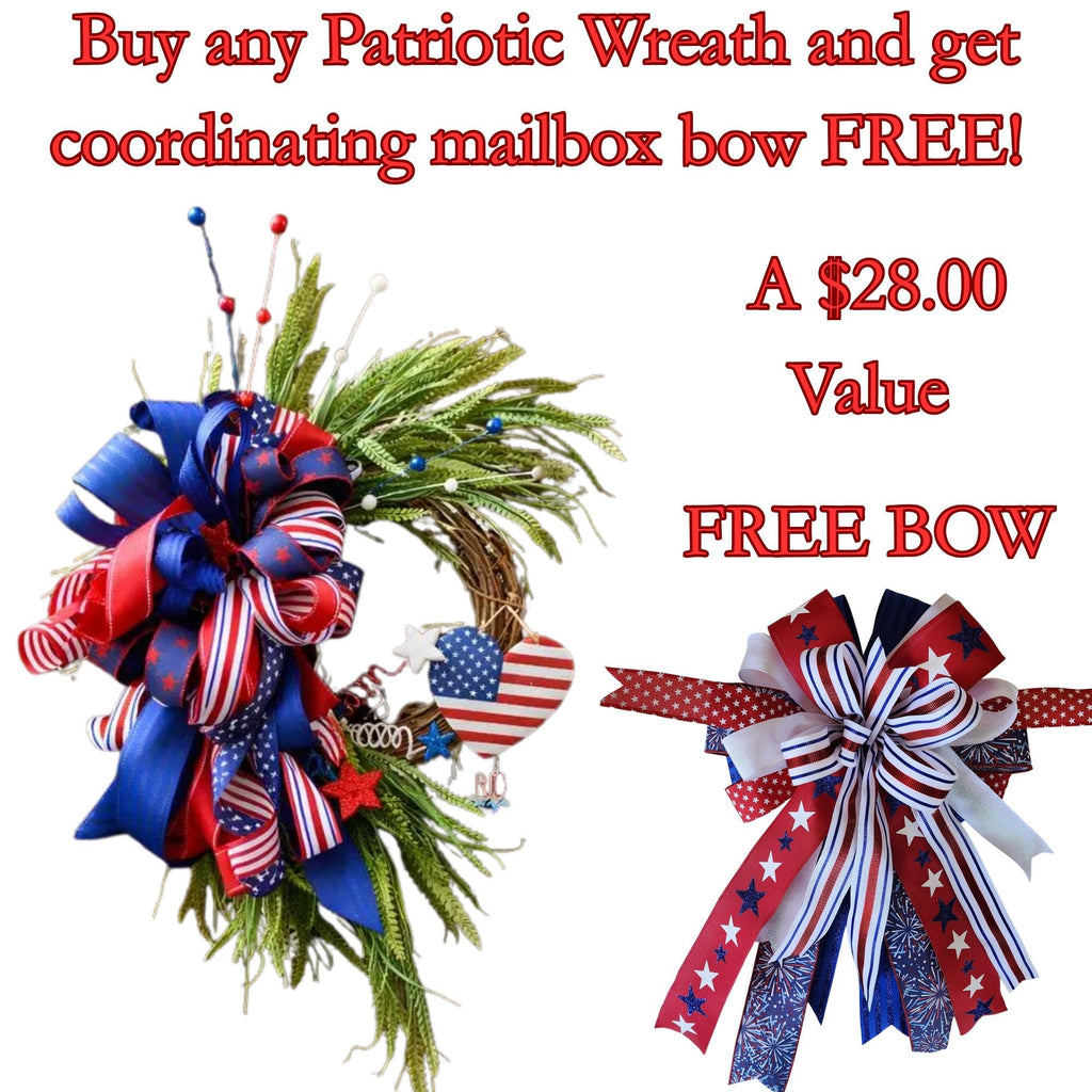 Patriotic Grapevine Wreath, Americana Door Decor with FREE Matching Mailbox Bow