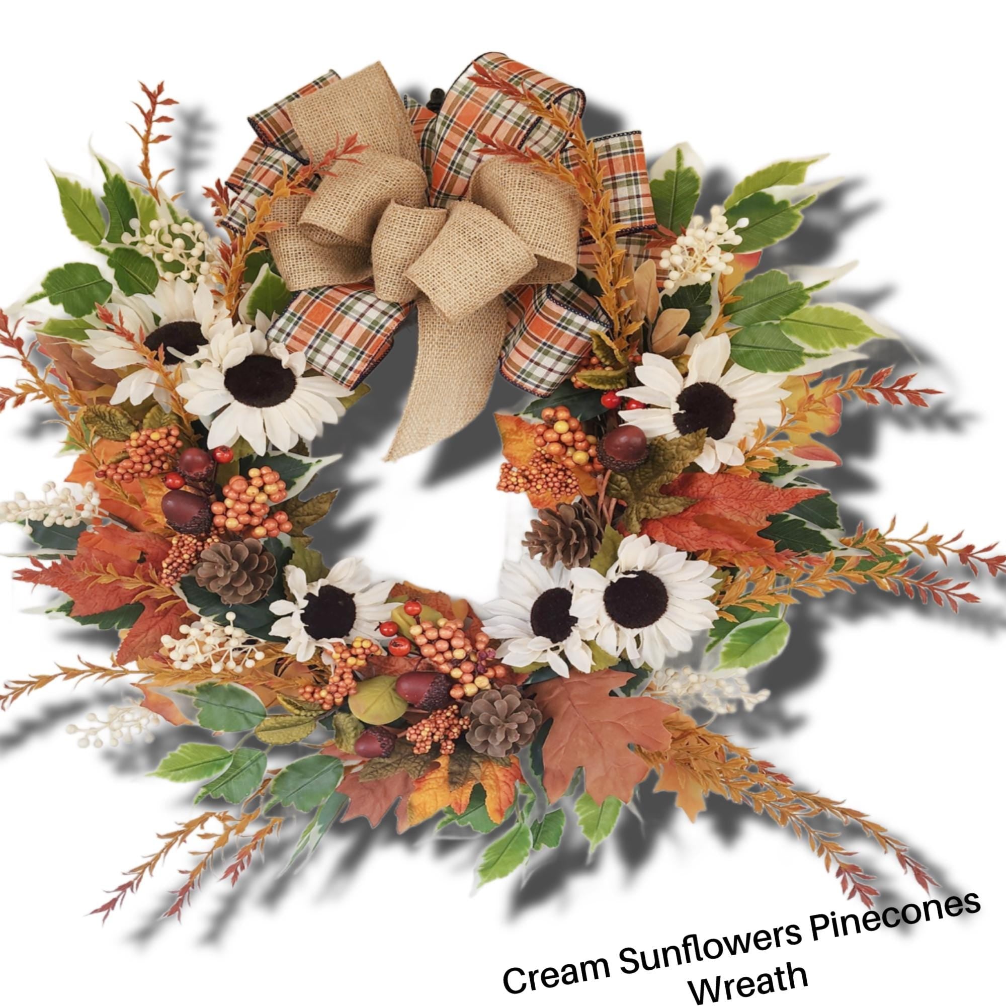 Plaid Bow Farmhouse Fall Grapevine Wreath Orange & Cream Florals Autumn Door Country Wreath