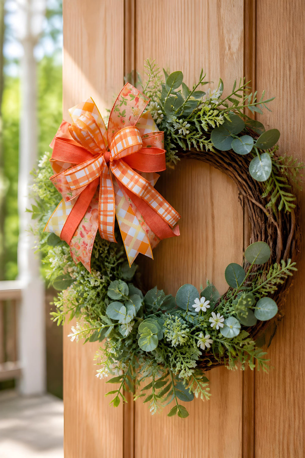 Coral Orange Plaid Floral Bow, Farmhouse Lantern Swag Accent, Spring Summer Decor