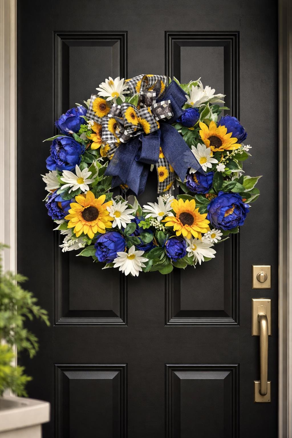 Sunflower Peony Wreath: Blue, Yellow, White Floral Door Decor (23")