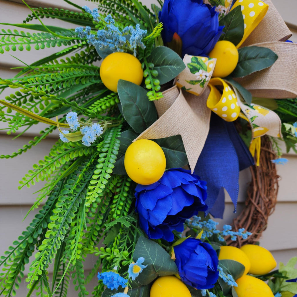 Lemons and Navy Floral Wreath, Summer Citrus Door Decor, Farmhouse Entry Swag