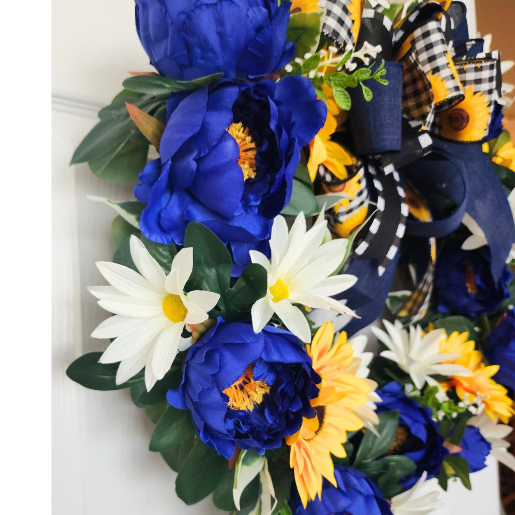 Sunflower Peony Wreath: Blue, Yellow, White Floral Door Decor (23")