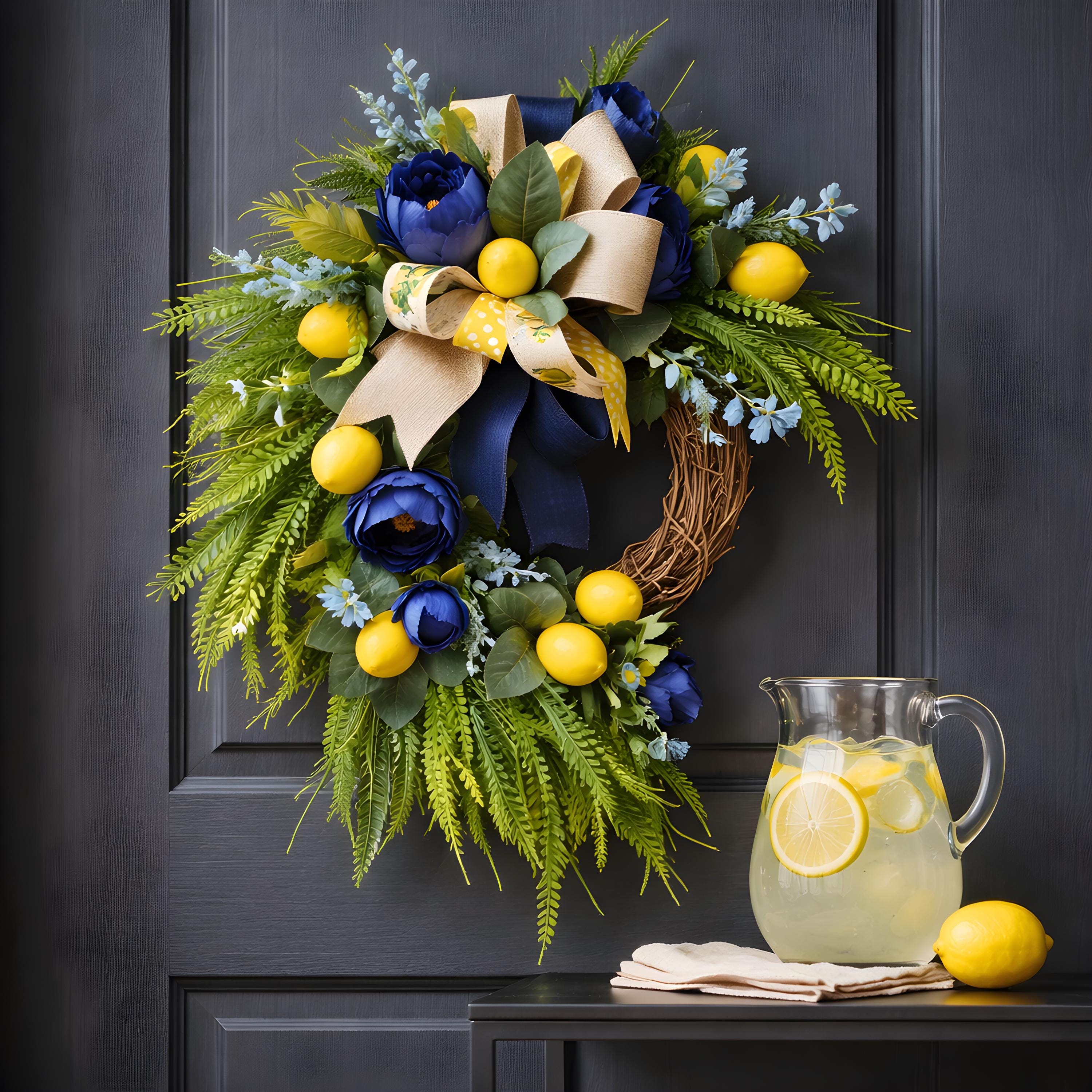Lemons and Navy Floral Wreath, Summer Citrus Door Decor, Farmhouse Entry Swag