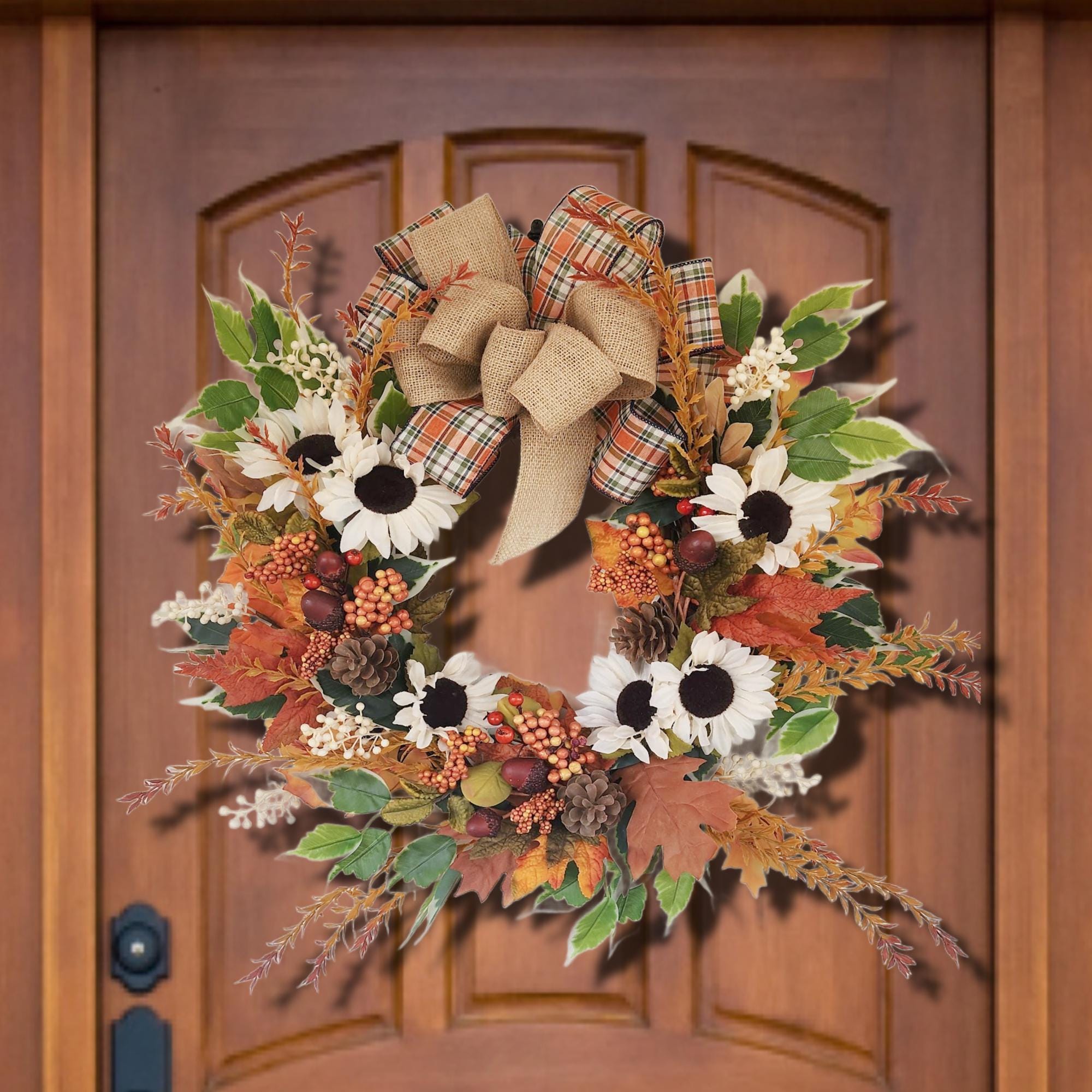Plaid Bow Farmhouse Fall Grapevine Wreath Orange & Cream Florals Autumn Door Country Wreath