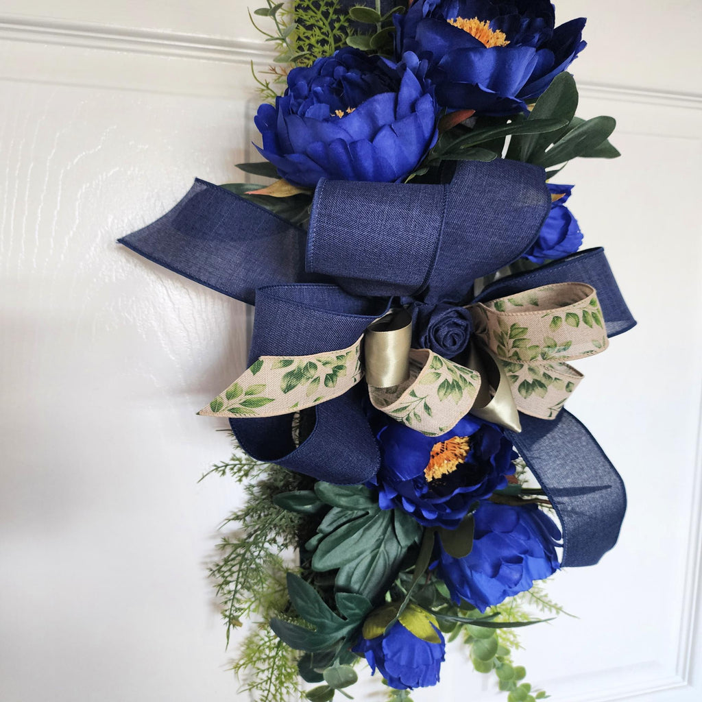 Navy Blue Floral Swag, Moody Entryway Door Decor, Midnight Bloom Edition