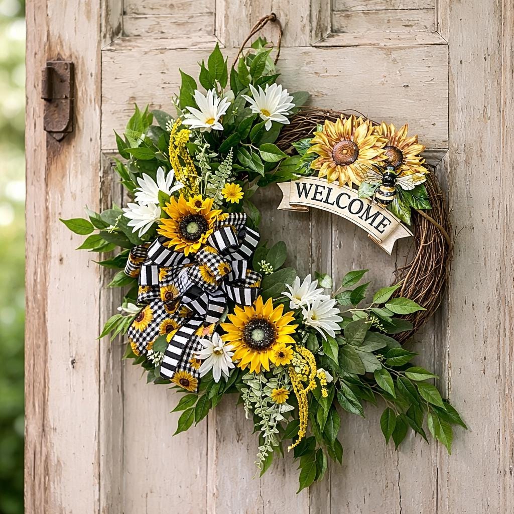 Sunflower Door Wreath – Farmhouse Bee Welcome Decor