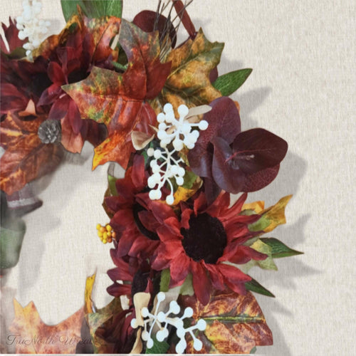 Burgundy Sunflower Maple Leaf Wreath, Rustic Farmhouse Fall Door Decor