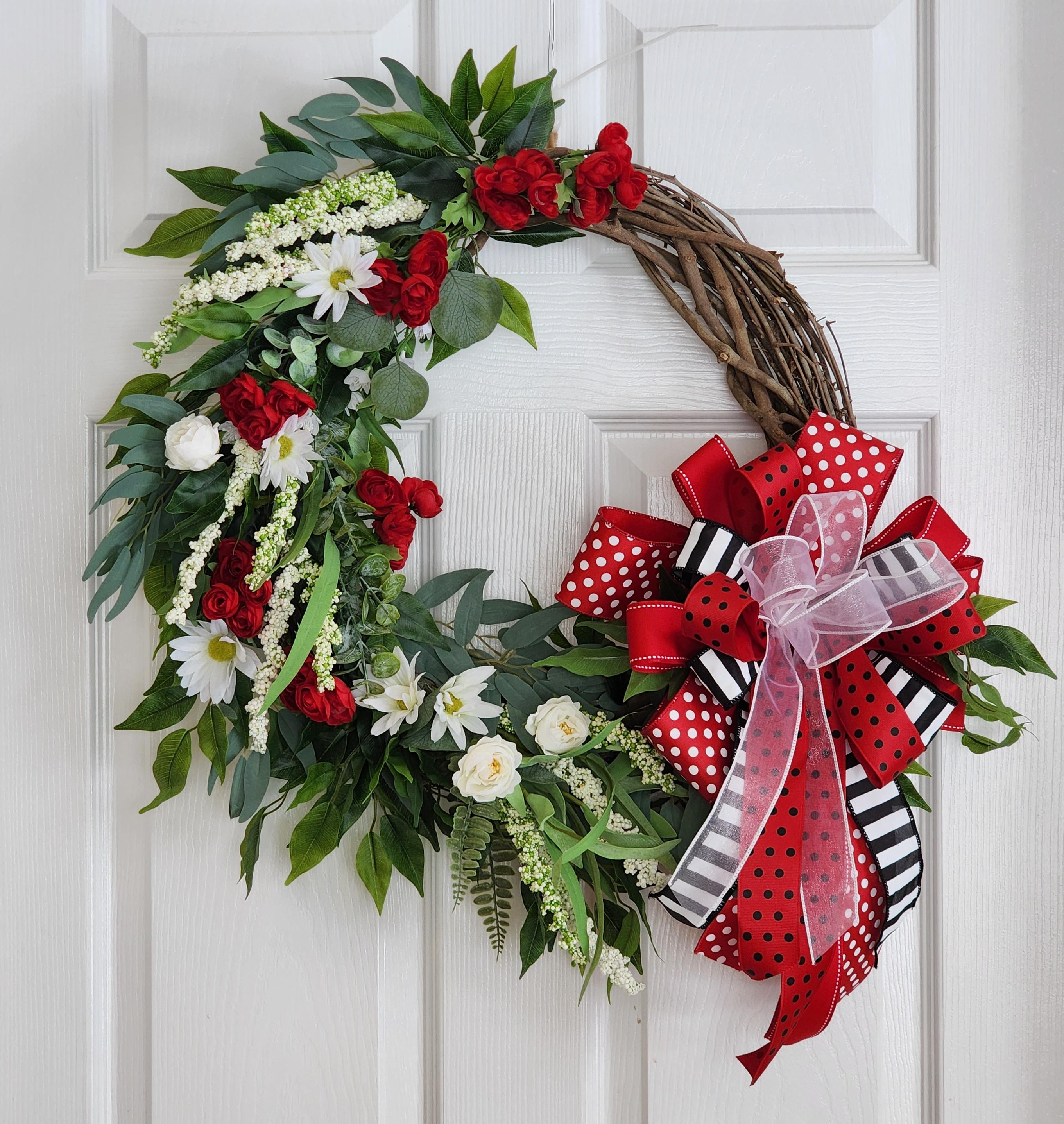 Red & White Summer Wreath, Front Door Decor, Farmhouse Floral Wreath with Bold Bow