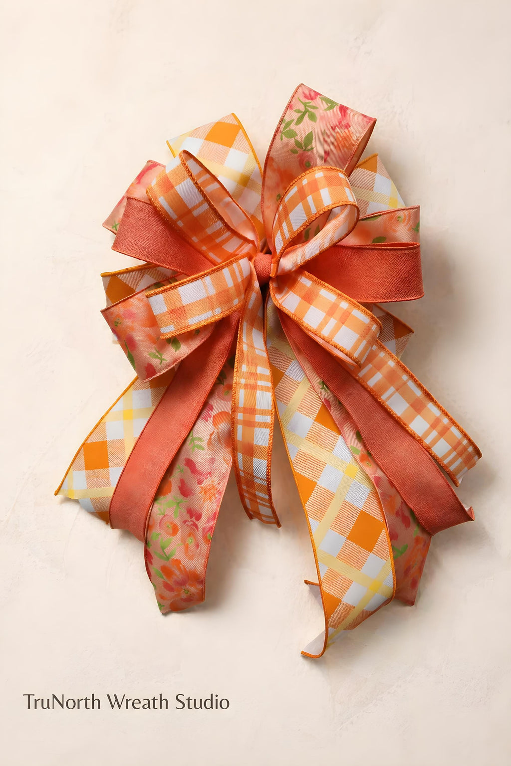 Coral Orange Plaid Floral Bow, Farmhouse Lantern Swag Accent, Spring Summer Decor