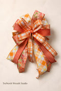 Coral Orange Plaid Floral Bow, Farmhouse Lantern Swag Accent, Spring Summer Decor