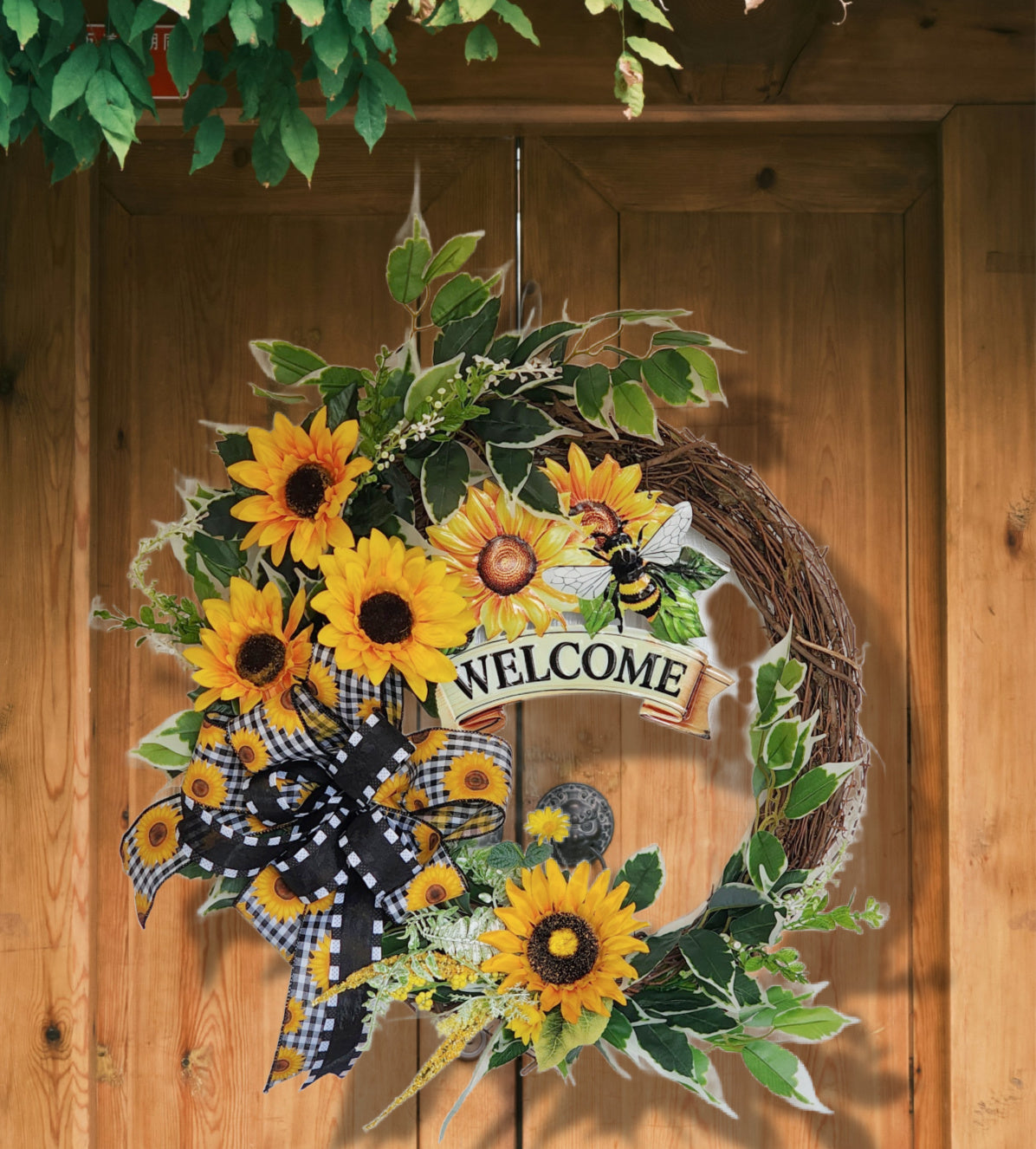 Sunflower Door Wreath – Farmhouse Bee Welcome Decor