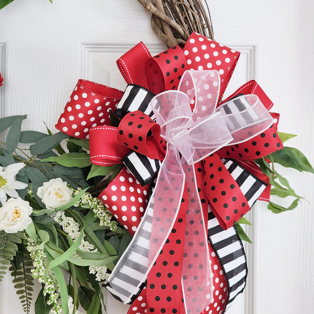 Red & White Summer Wreath, Front Door Decor, Farmhouse Floral Wreath with Bold Bow